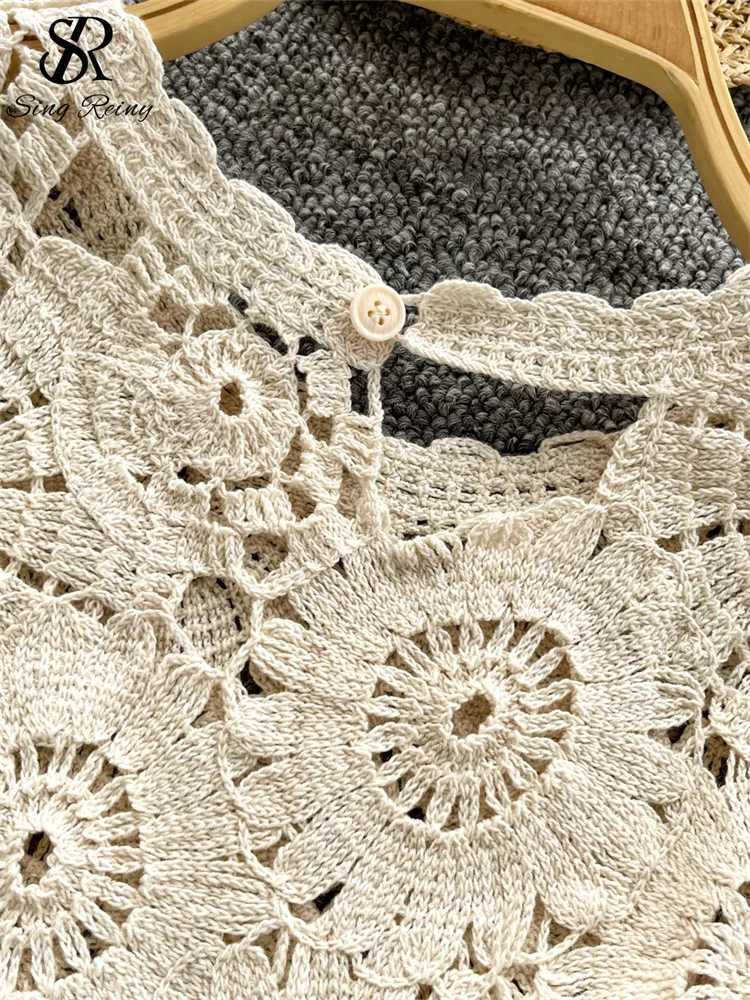 SINGREINY Korean Basic Knitting Tank Tops Fe Sveless Hook Flower Hollow Chic Design Summer Sweet Fashion Knitted BlouseXJ250212