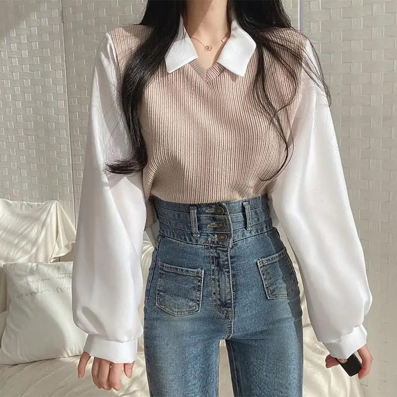 Women Two Pieces Long Sleeve Turn Down Collar Patchwork Thread Tshirts Autumn Spring Loose Korean Tee Tops CDPFWYP6890 250114Z