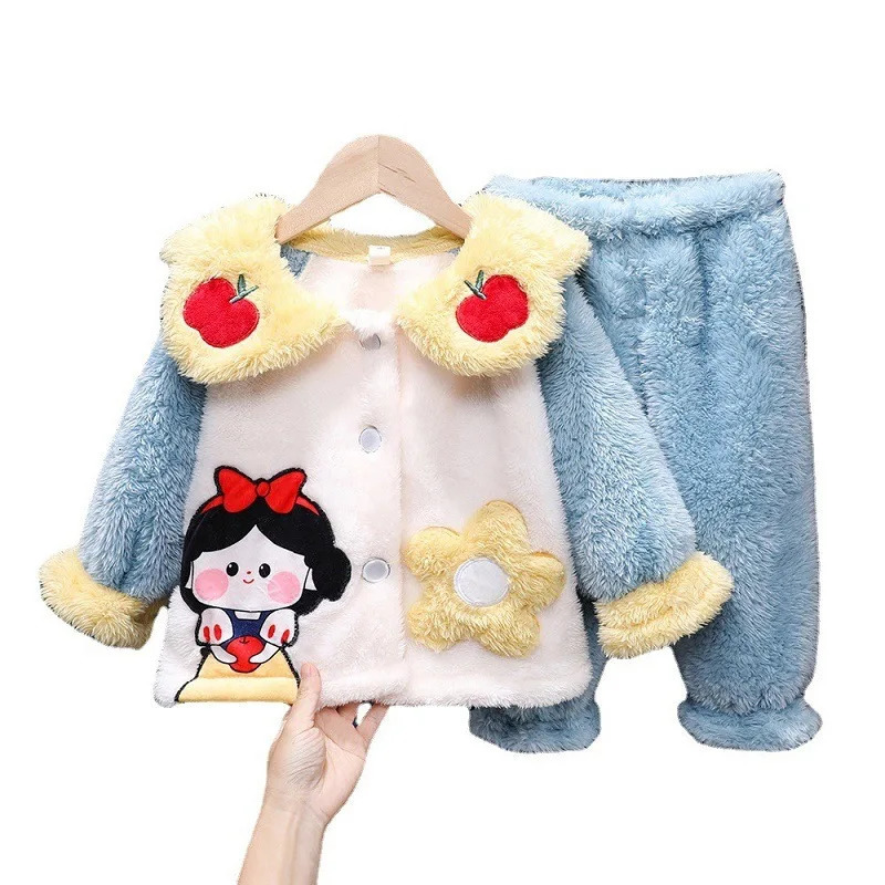 2024 Autumn Winter Kids Girls 2PCS Sleepwear Set Coral Velvet Cartoon Long Sleeve Coat Pants Sleepsuit Children Girls Pajamas 250211bj
