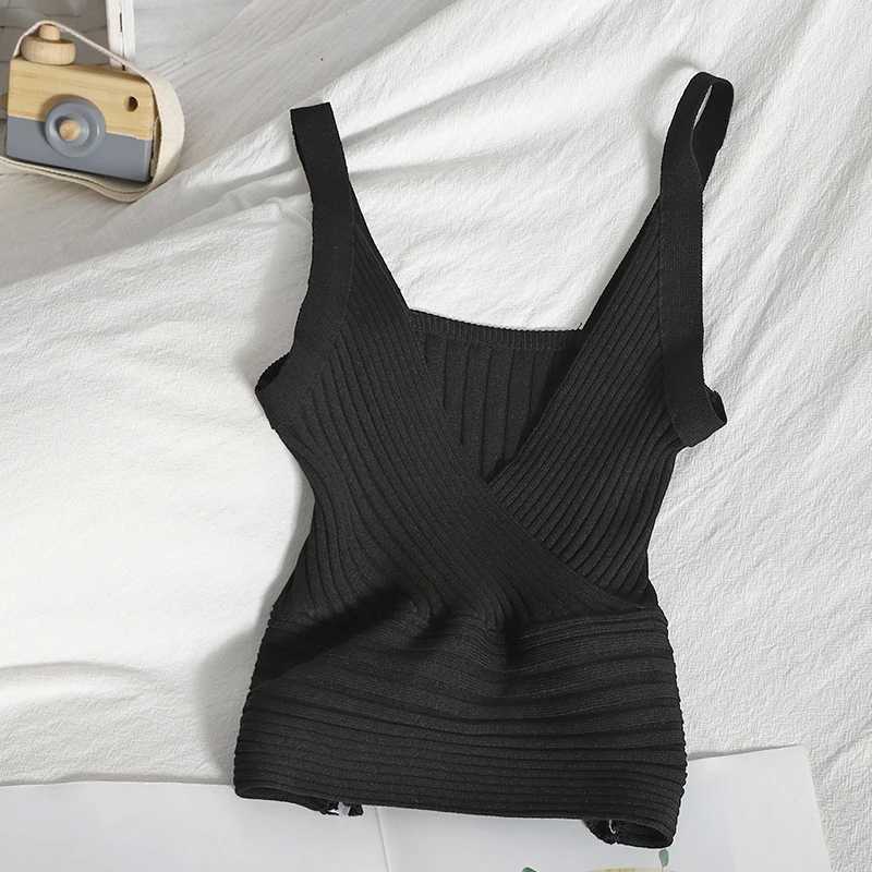 Rib Knit Wrap Front Crop Top Women V-Neck Sveless Camis and Tanks Summer Sexy Club Party OutfitXJ250212