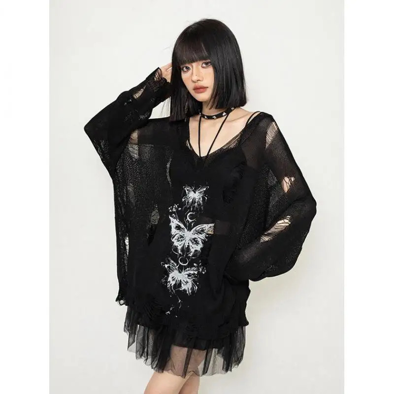 Yedinas Loose Hollow Out Knitted Tops Long Sleeve Autumn Print Womens Sweater Pullovers Lazy Style Knitwear Korean Trend 250210