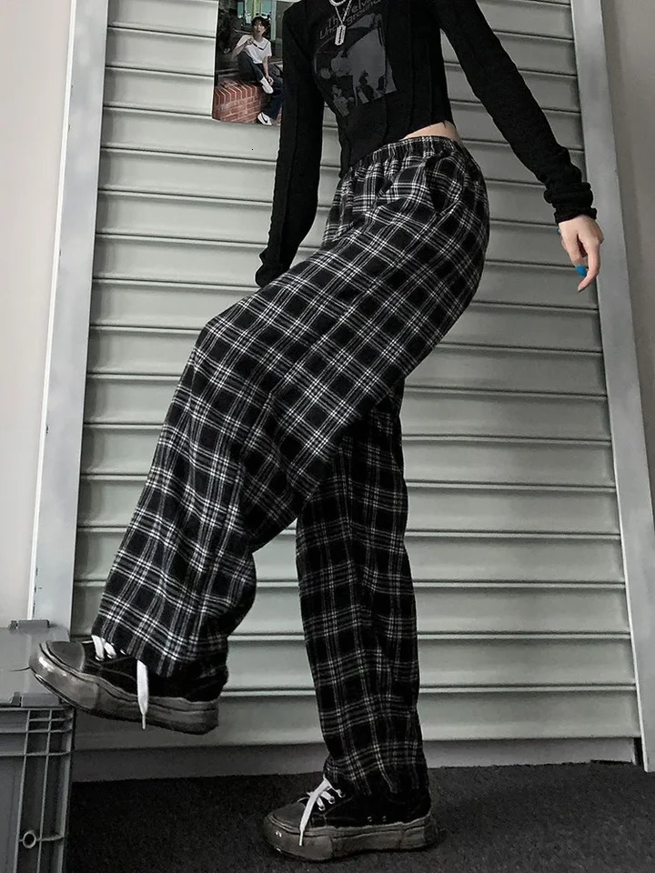 Zoki womens hiphop streetwear black flat bottomed pants Harajuku student oversized wide leg fashionable elastic waist casual 250211Z