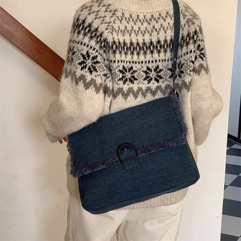 Women Men Denim Handbag Campus High Capacity Multiple Pockets Blue Shoulder Messenger Crossbody Bags Laptop Jean Purse 250207