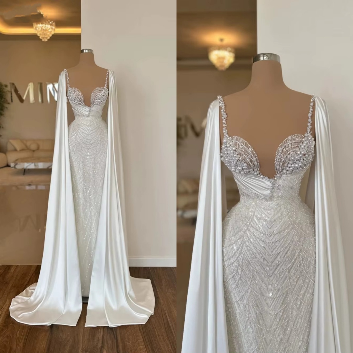 Elegant Women Wedding Sheer Neck Long Sleeves Bridal Gowns Pearls Sequins Sweep Train Dress Custom Made vestidos de novia