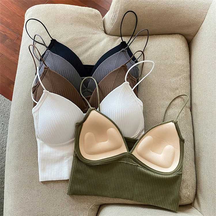 V-Neck Camisole Women Sexy Stretch Push Up Bra with Chest Pads Knitted Crop Top for Fe Short Tube Top Tops Bralette Y2kXJ250212