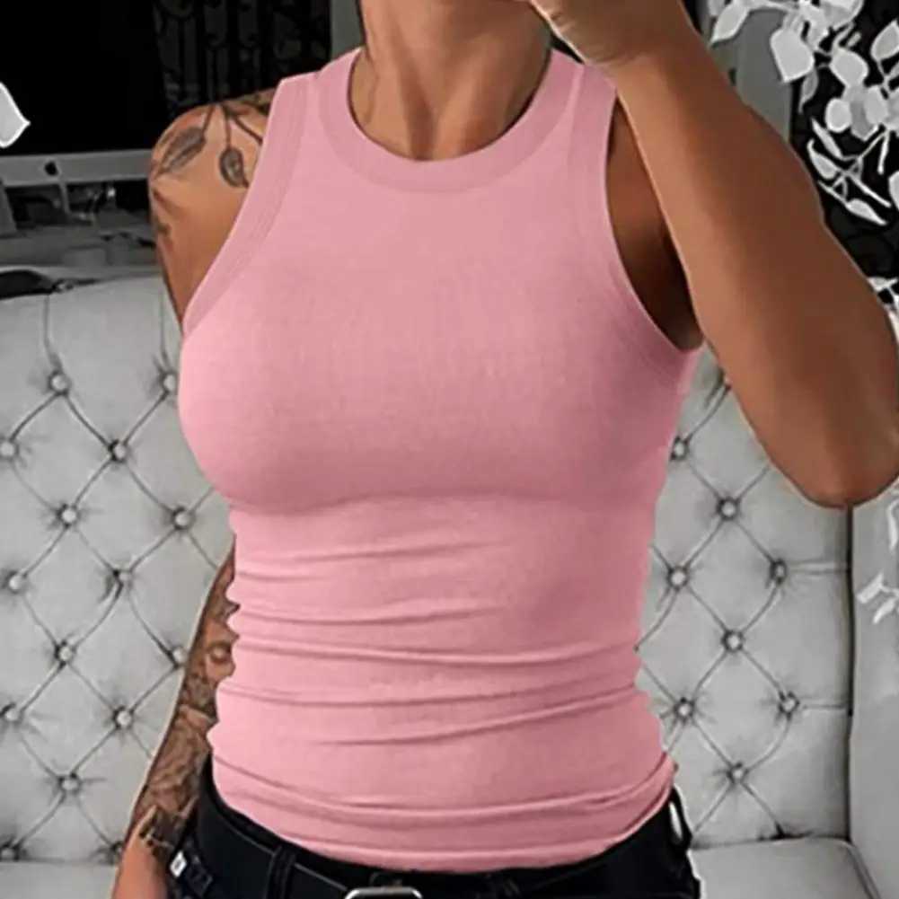 Summer Women Vest Attractive Sexy Round Neck Basic Short Crop Vest Knitting Rib Off Shoulder Lady Tank Top Womens ClothingXJ250212