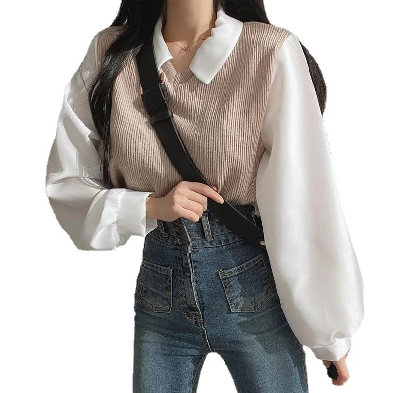 Women Two Pieces Long Sleeve Turn Down Collar Patchwork Thread Tshirts Autumn Spring Loose Korean Tee Tops CDPFWYP6890 250114Z