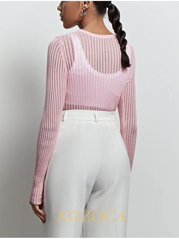 Kozoca Fashion White Elegant Striped See Through Women Tops Outfits Long Sleeve TShirts Tees Skinny Club Party Chic Clothes 250114