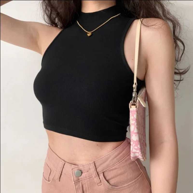Summer Black Women Fashion Crop Top High Neck White Sveless Tank Tops Streetwear BasicXJ250212