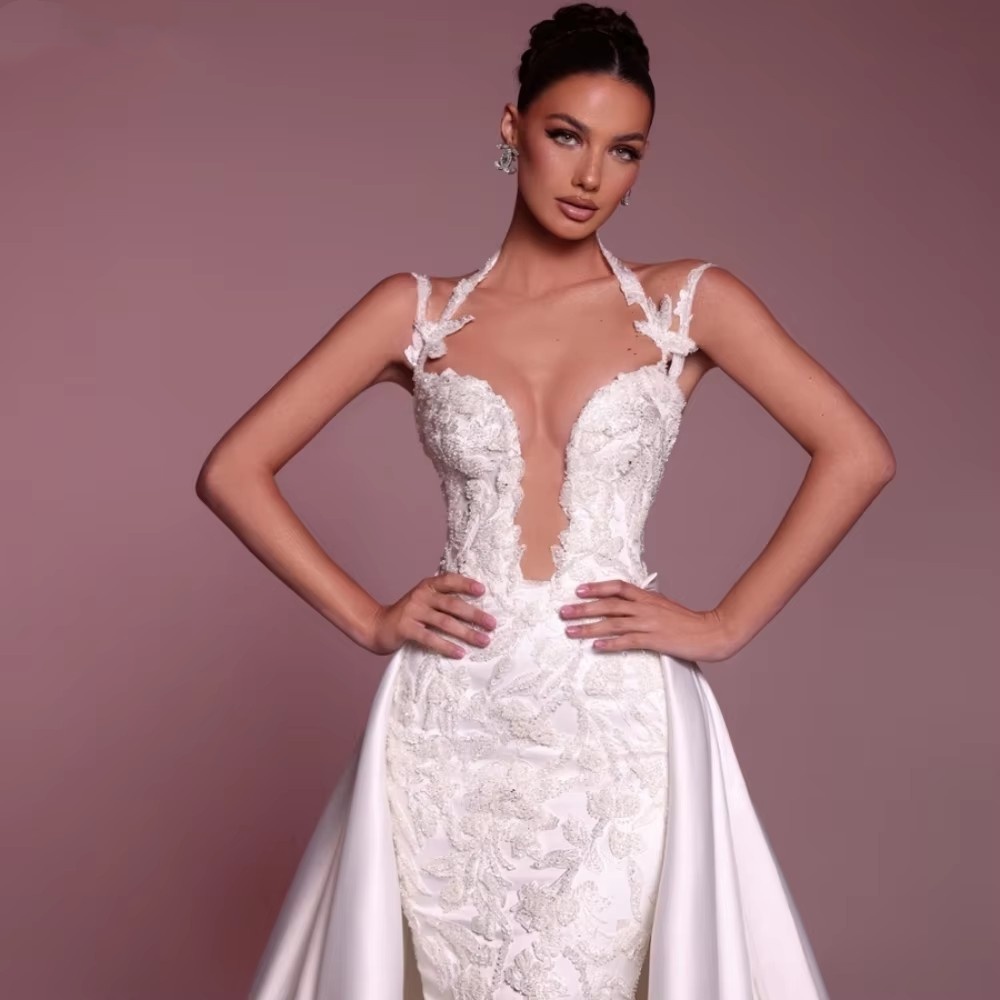 Elegant Mermaid Wedding Dress Sheer Neck Sleeveless Bridal Gowns Sequins Appliques Detachable Train Dresses Custom Made vestidos de novia
