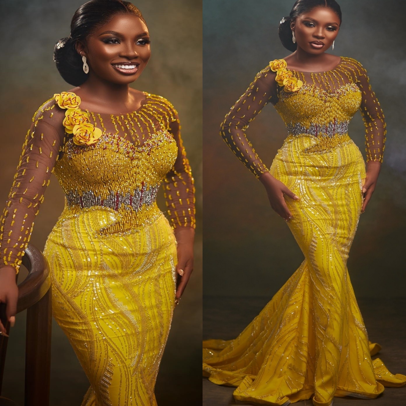 Aso Ebi 2025 Yellow Mermaid Prom Dresses Beaded Flowers Sequined Luxurious Evening Formal Party Second Reception Birthday Gowns Dress For Special Occa