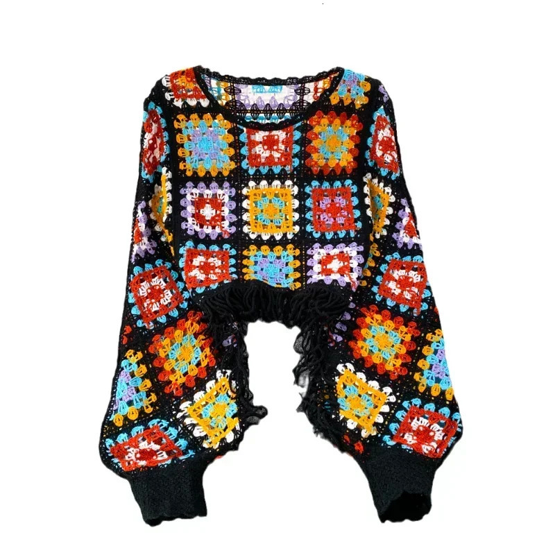 Chic Sweater Womens O-neck Color Blocking Sweaters For Women Knitted Hollow Out Pullover Feminina Tassel Lantern Sleeve Dropship 250210