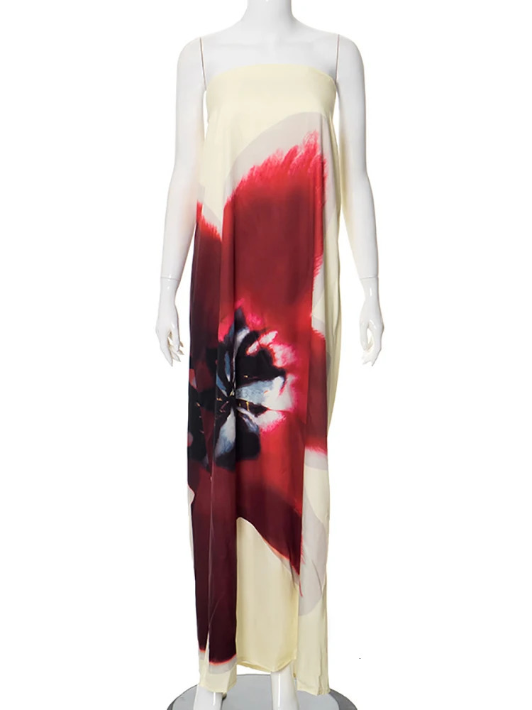 JULISSA MO Sexy Strapless Print Floral Belt Women Maxi Dress Yellow Backless Vacation Dress Autumn Loose Elegant Party Beachwear 250211