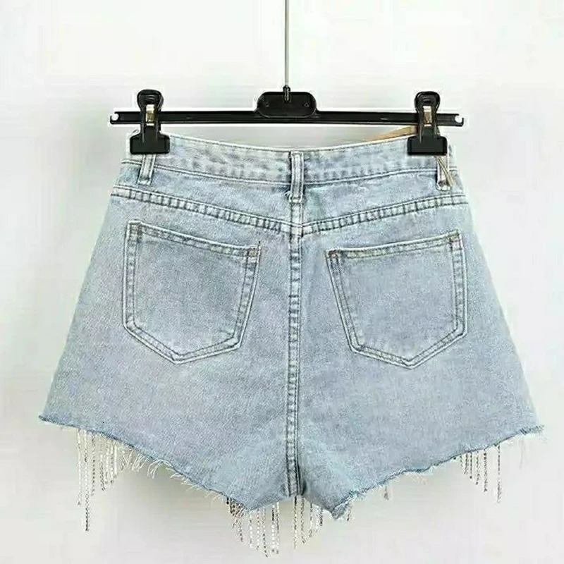 Summer Ripped Jeans Short Femme High Waist Diamond Tassel Casual Bottoms For Ladies Denim Shorts Women Clothing Fashion 250212