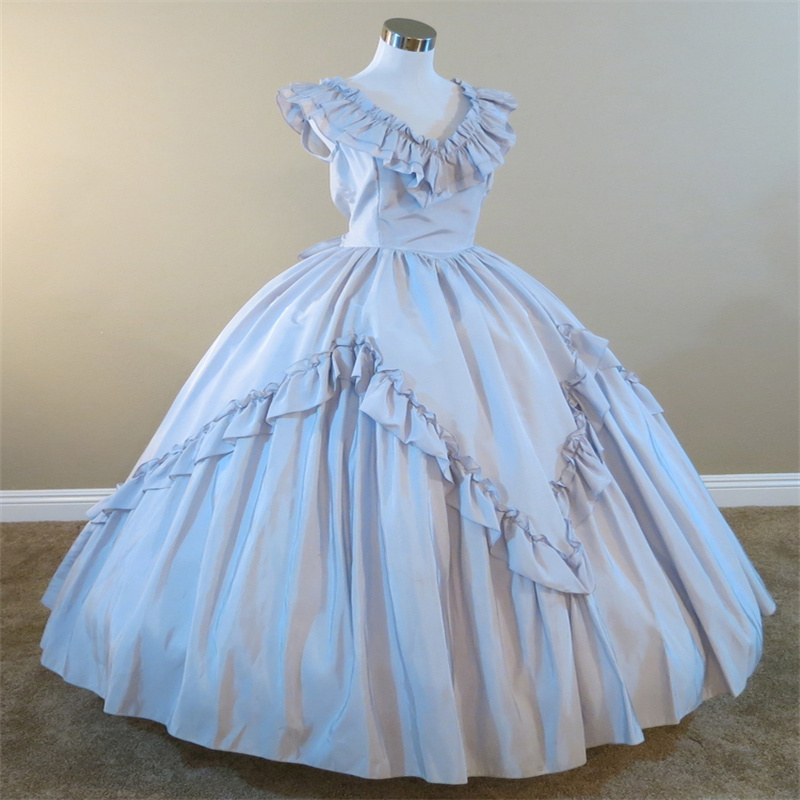 Light Blue 1860s Prom Dress V Neck Ruffles Civil War French Duchess Evening Dress Victorian Rococo British Party Gown 19th Medieval Birthday Dress 202