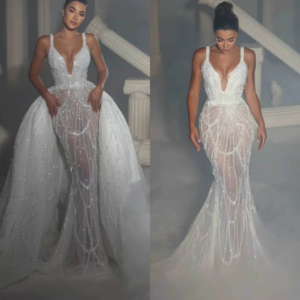 Sexy Mermaid Wedding Dress V Neck Sleeveless Bridal Gowns Sequins Backless See Through Detachable Train Dresses Custom Made vestidos de novia
