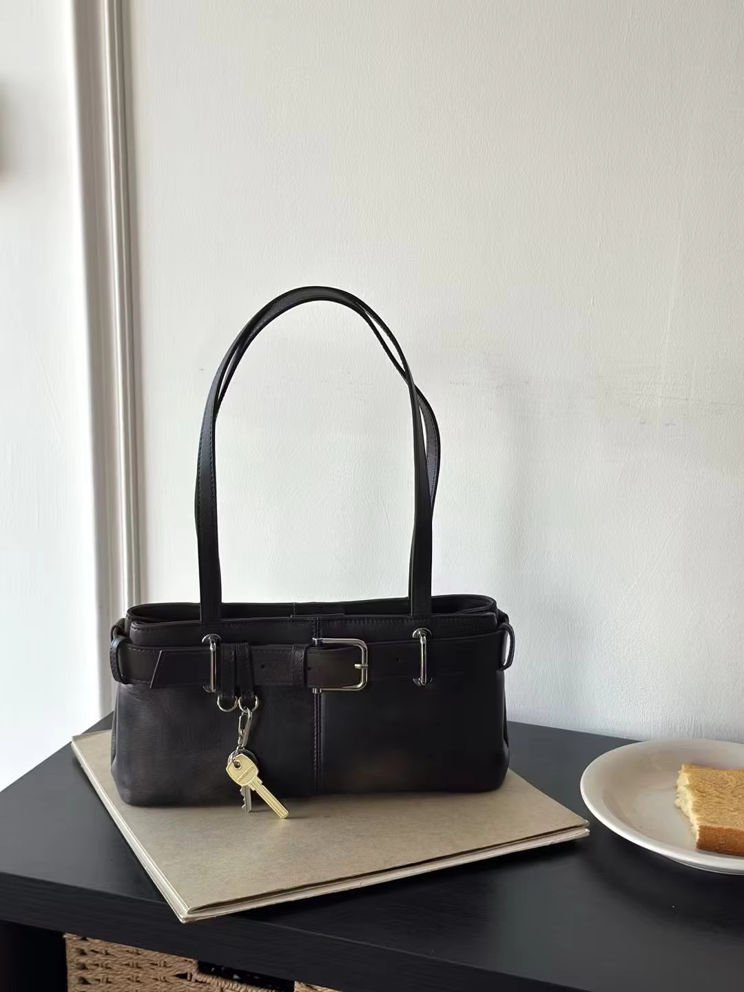 FIRMRANCH Retro Motorcycle Style Belt Buckle Design Large Capacity Women's Single Shoulder Underarm Bag Tote Cowhide Leather