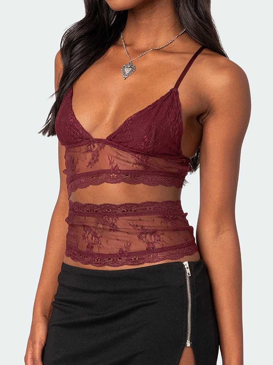 Women Lace Sheer Camisole V-Neck Spaghetti Strap Sheer Vest Slim Fit Cutout Show Navel Tank TopsXJ250212