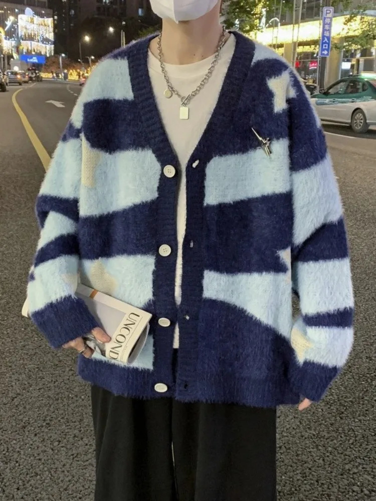 Knitted Cardigan Sweater Men Women Autumn Patchwork Knitted Jumpers Harajuku Loose Hip Hop Streetwear Y2K Star Pattern Jackets 250211