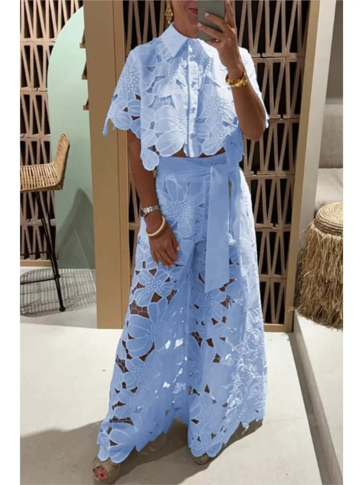 Sexy Lapel Single-breasted Shirt Top Wide-leg Pants 2-piece Set Women Fashion Solid Color Elegant Casual Hollow Suit Female 250206