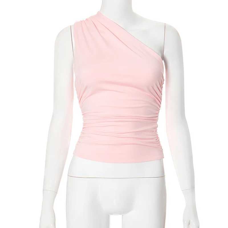 CUTENOVA Solid Color One Shoulder Backless Shrink Tank Top T-Shirt Candy Color Tight Sexy Sveless Neckless Slim Casaul TopXJ250212