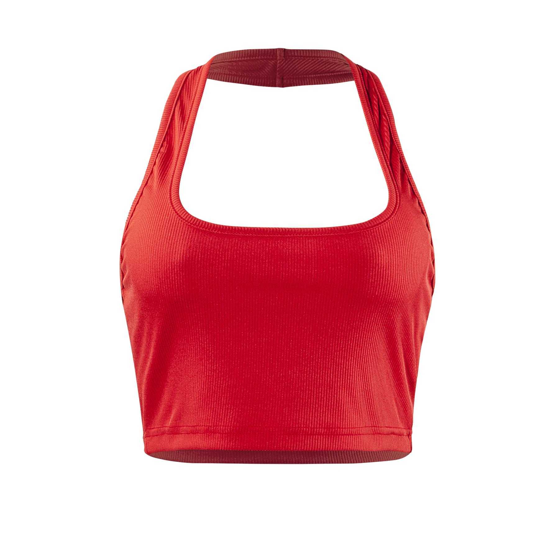 Womens Sveless Vest Ribbed Knit Top Halter Neck Summer Basic Red Casual Sports Vest Off Shoulder Ladies Vest Casual SexyXJ250212