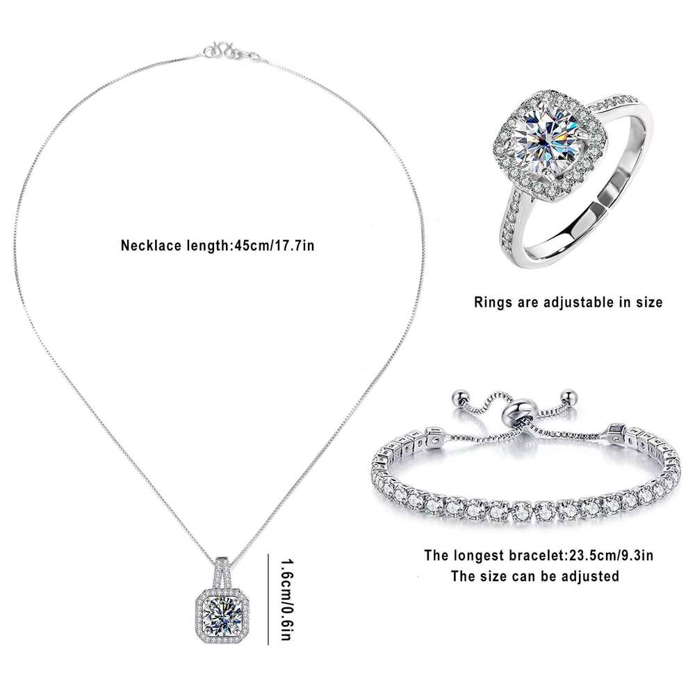 Live broadcast jewelry set of three pieces, princess square bag, ring necklace, earrings, zircon set, fashionable and elegant collarbone chain