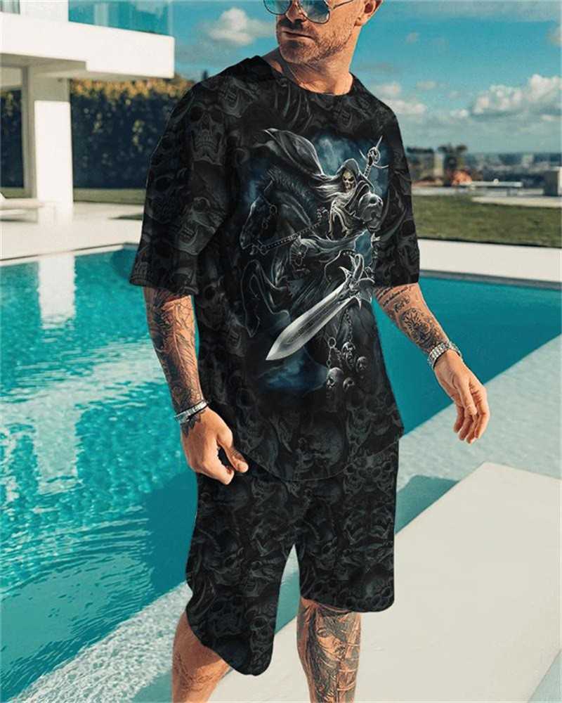 Mens Summer T-shirt Set 3D Printed Plant Tree Pattern Round Neck Beach Shorts Fashionable Men W250212