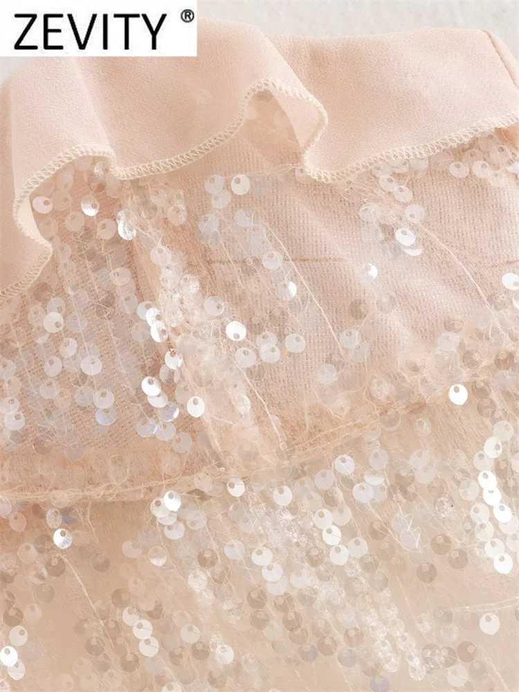 Zevity 2024 Women Chic Pleat Ruffles Sequined Design Chiffon Sling Camis Tank Lady Backless Short Crop Shirt Blouse Tops LS7195XJ250212