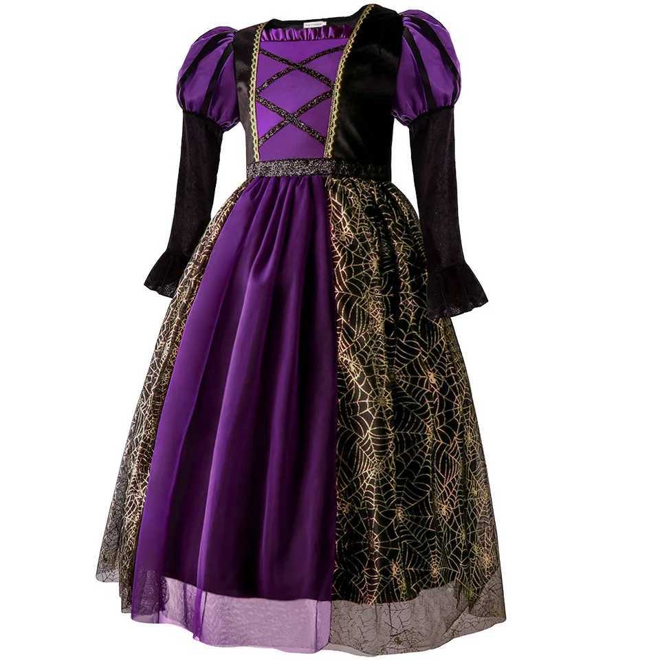 Halloween Carnival Par Dress for Girls Cosplay Witch Purple Puffy Long Sleeve Gold Spider Web Print Dress Accessories SuitXJ250117