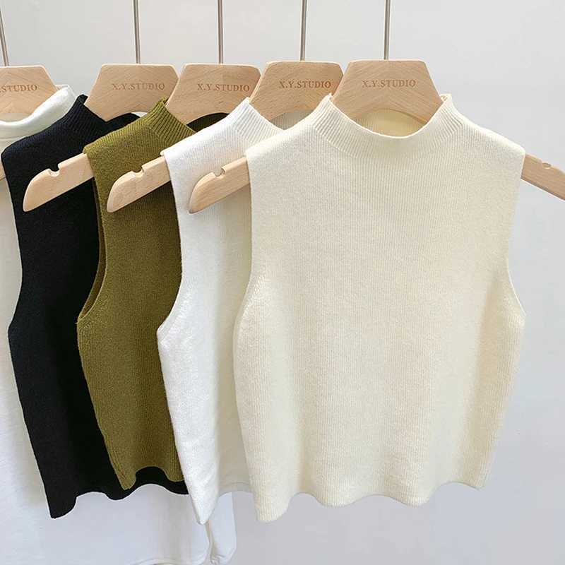 Fashion Half Turtleneck Knitted Tank Top Half High Neck Bottom Shirt Summer Women Casual Solid Color Sveless VestXJ250212