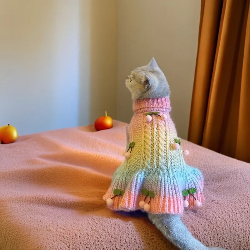 SULEGR Cat Autumn/Winter Cute Cherry Tank Top Skirt for Small and Medium Sized Bichon Yorkshire Marzis Gradient Color 250207