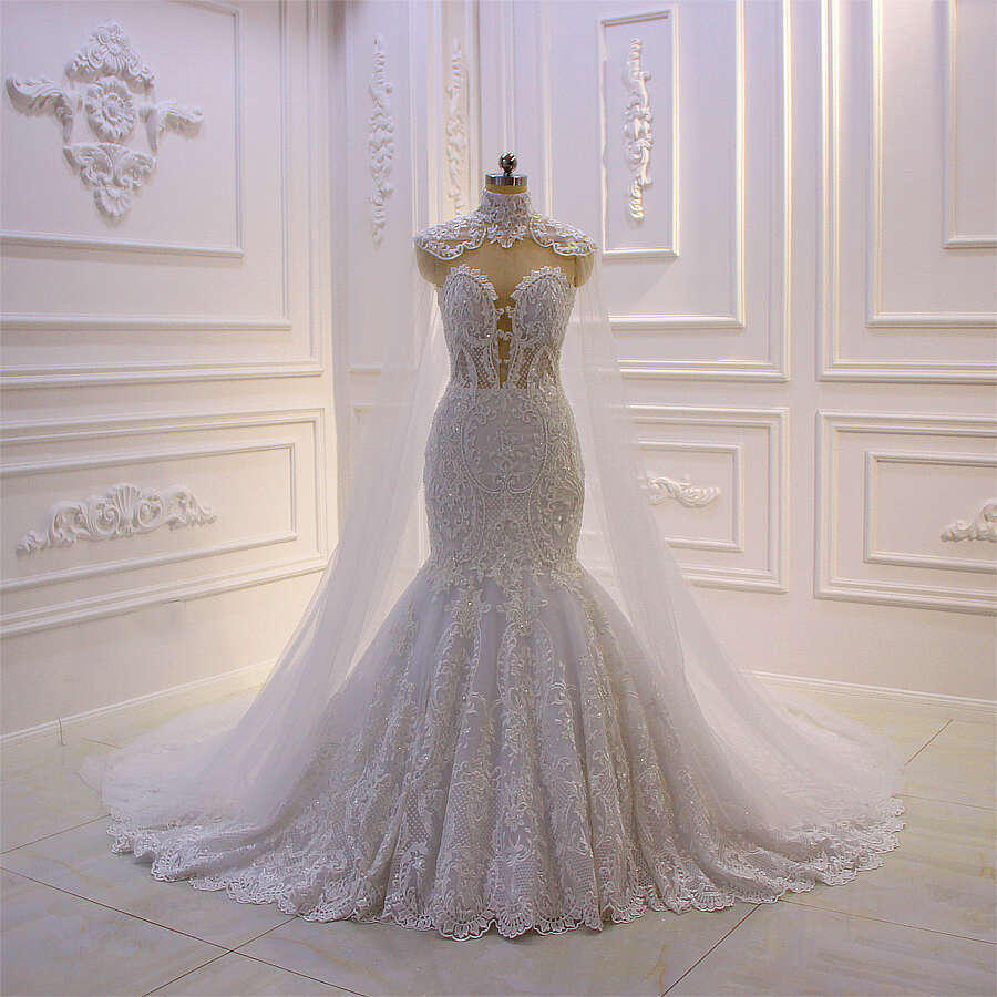 Customized Am188 Lace Appliques Mermaid Wedding Dress With Cape