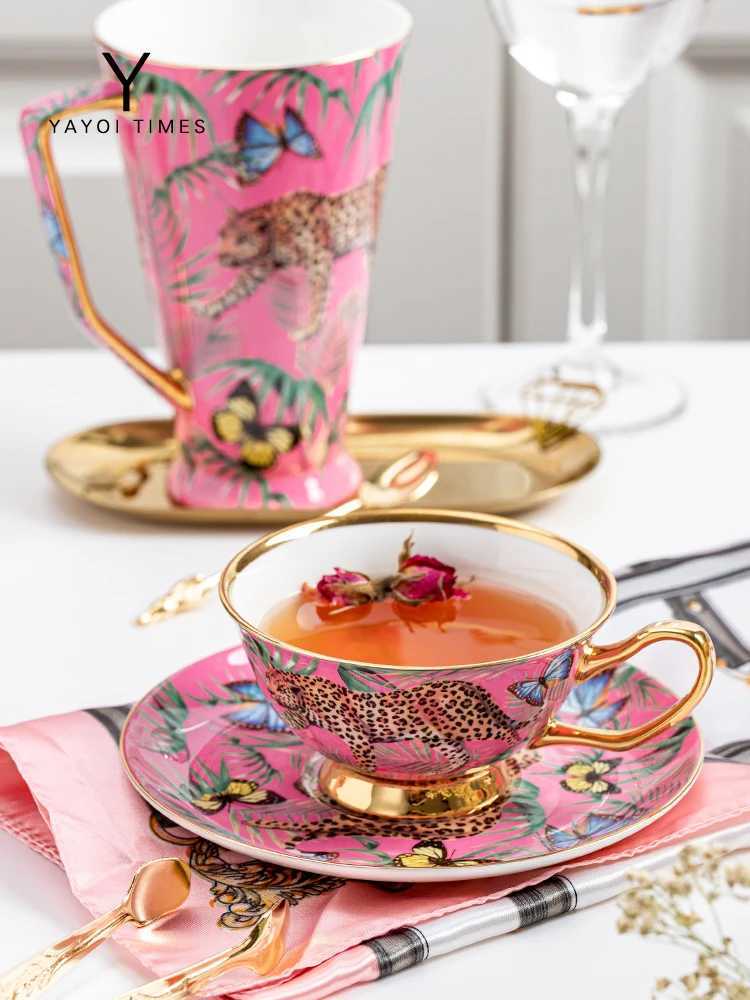 Cups Saucers Creative Pink Bone China Mug Leopard Forest Cheetah Ceramic Coffee Cup Milk Water Afternoon Tea Party Drinking Drinkware CL250212