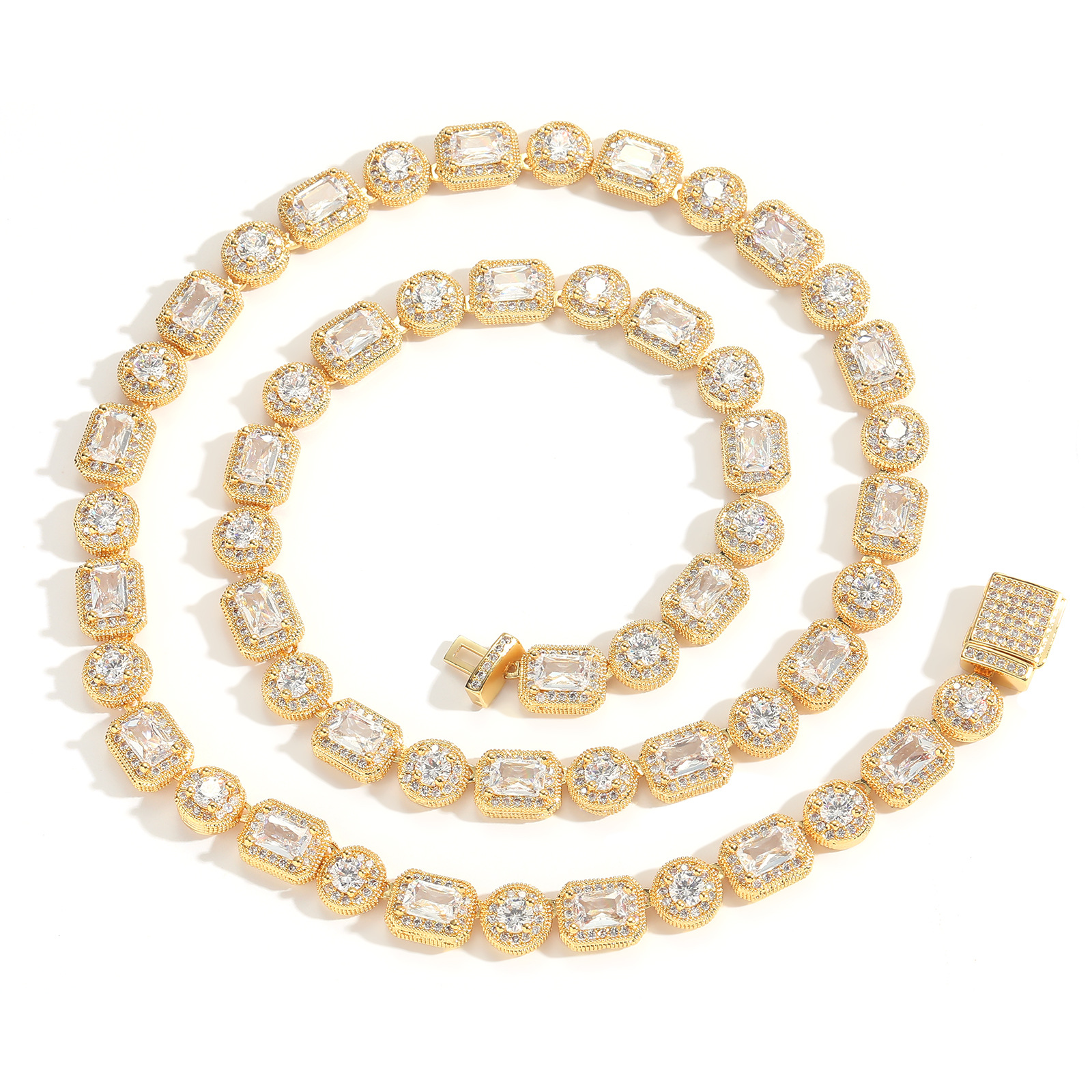 Hip Hop High Quality Suqare Zirocn Chain Cuban Chain Necklace Bracelet Jewelry Set Gold Plated for Men