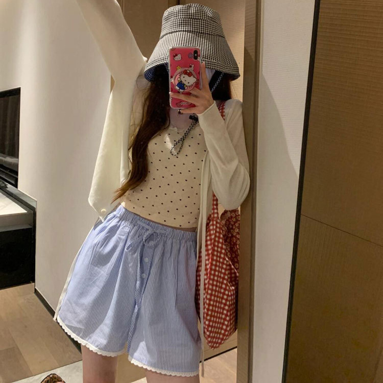 American Blue Striped Casual Shorts For Women's Summer Fashion High Waisted Drawstring Breathable Quick Drying Sweet And Spicy Sexy Sports Wide L