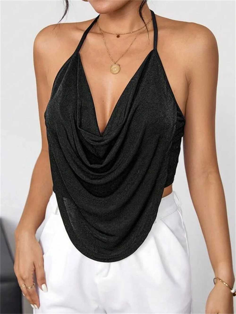 Sexy Draped Front Backless Crop Halter Top Women Summer 2024 Black Sveless Backless Cami Top Streetwear Party ClubwearXJ250212