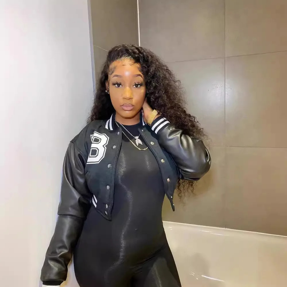 Personalized Street Casual Letter Top Leather Sleeves Baseball Jacket Short Long Sleeve Jacket for Women 250212