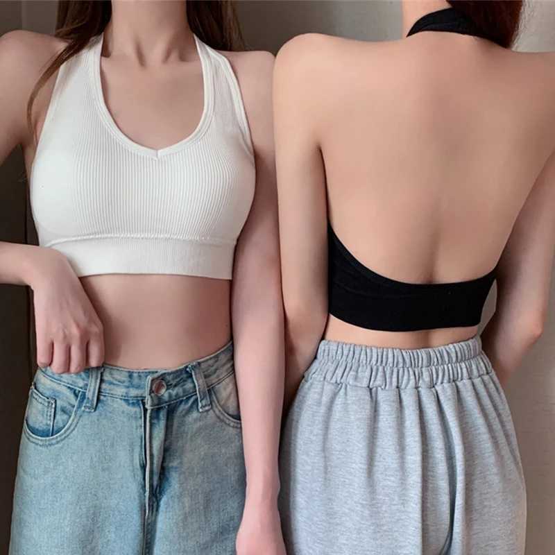 Women Backless Vest Sexy Bra Halter Wire Free Sport Bra Suspender Solid Lingerie Fe Tops Beautiful Back Wire Free Sports BraXJ250212