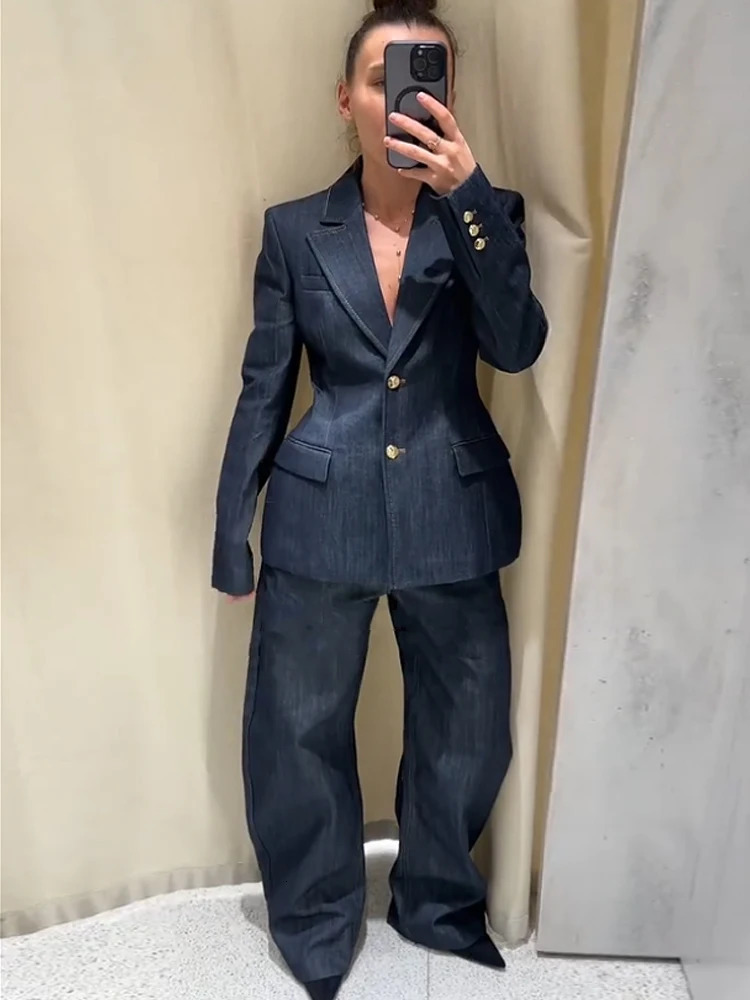 2025 Chic Street Denim Suit Long Pants Sets Women Chic Lapel Blazer Jacket V-neck Vest Wide Leg Pant Office Lady 3 Pieces Suits 250211