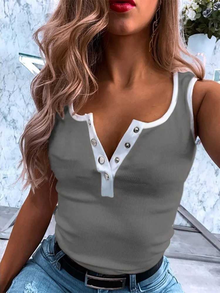 Vintage Vest Women Button Solid Color Patchwork Sveless Tops Summer Casual Slim T-ShirtXJ250212