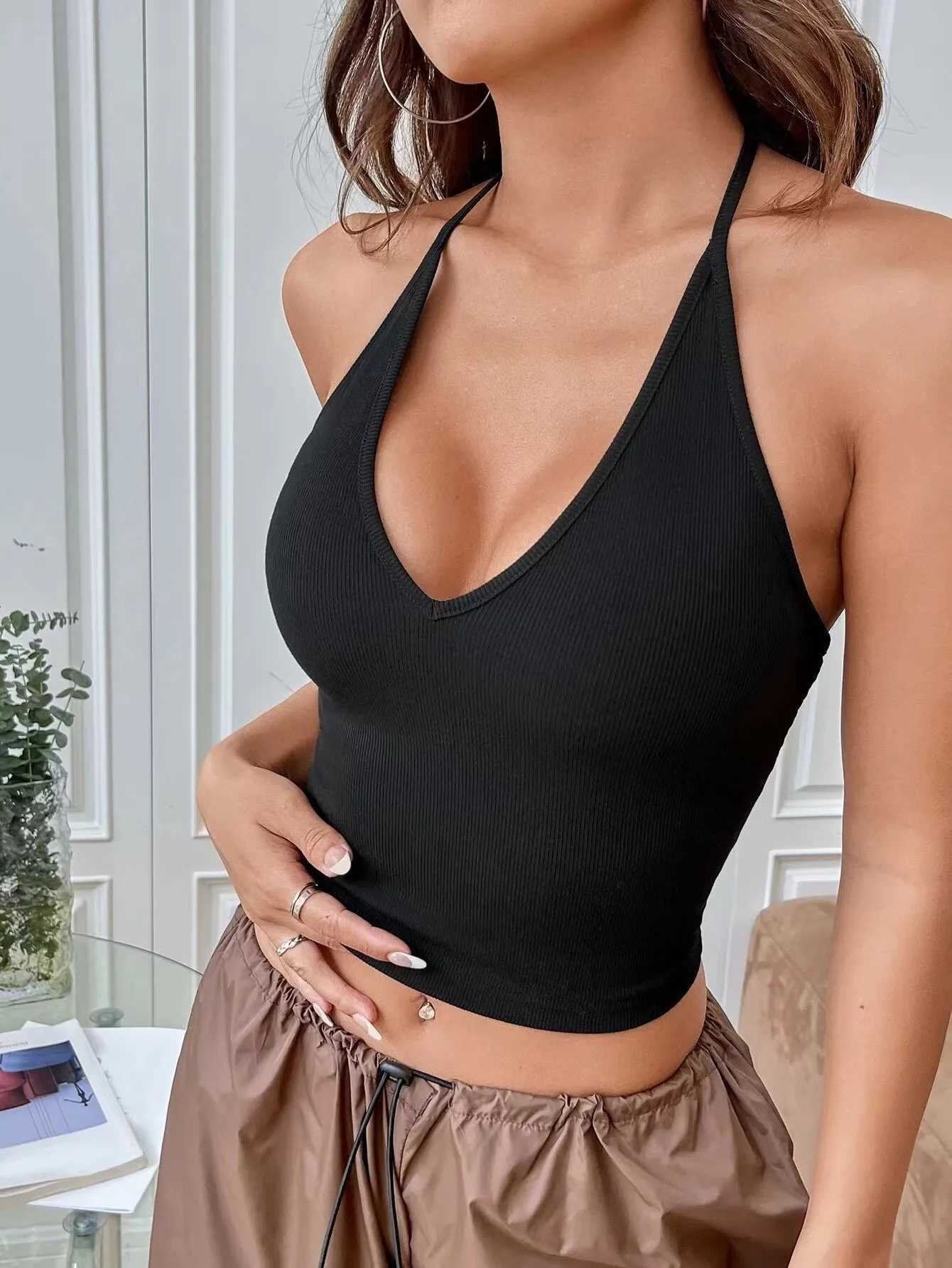 Tight backless navel-baring low-cut halter sveless sexy and charming suspender topXJ250212