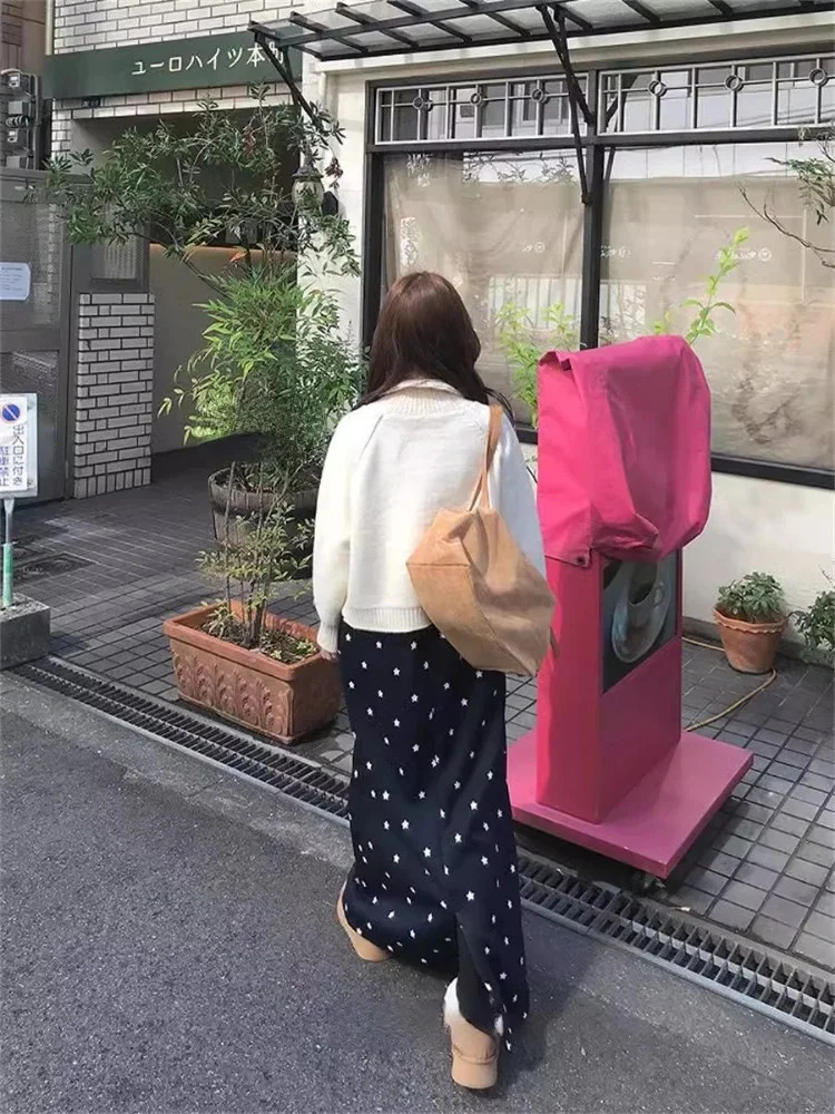 2025 Faldas Mujer De Moda Fashion Thicked Skirt Korean Long Skirts Women Elastic Waistband Bandage Jupe Star Print Casual Saia 250122