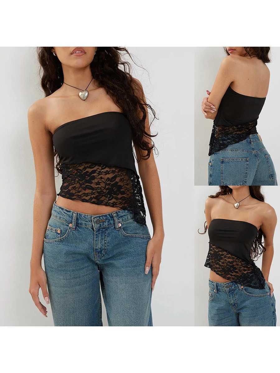 Kimydreama Women Summer Skinny Tank Tops Sveless Off Shoulder Basics Chic Irregular Lace Hem Floral Slim Fit Tube Bandeau TopXJ250212