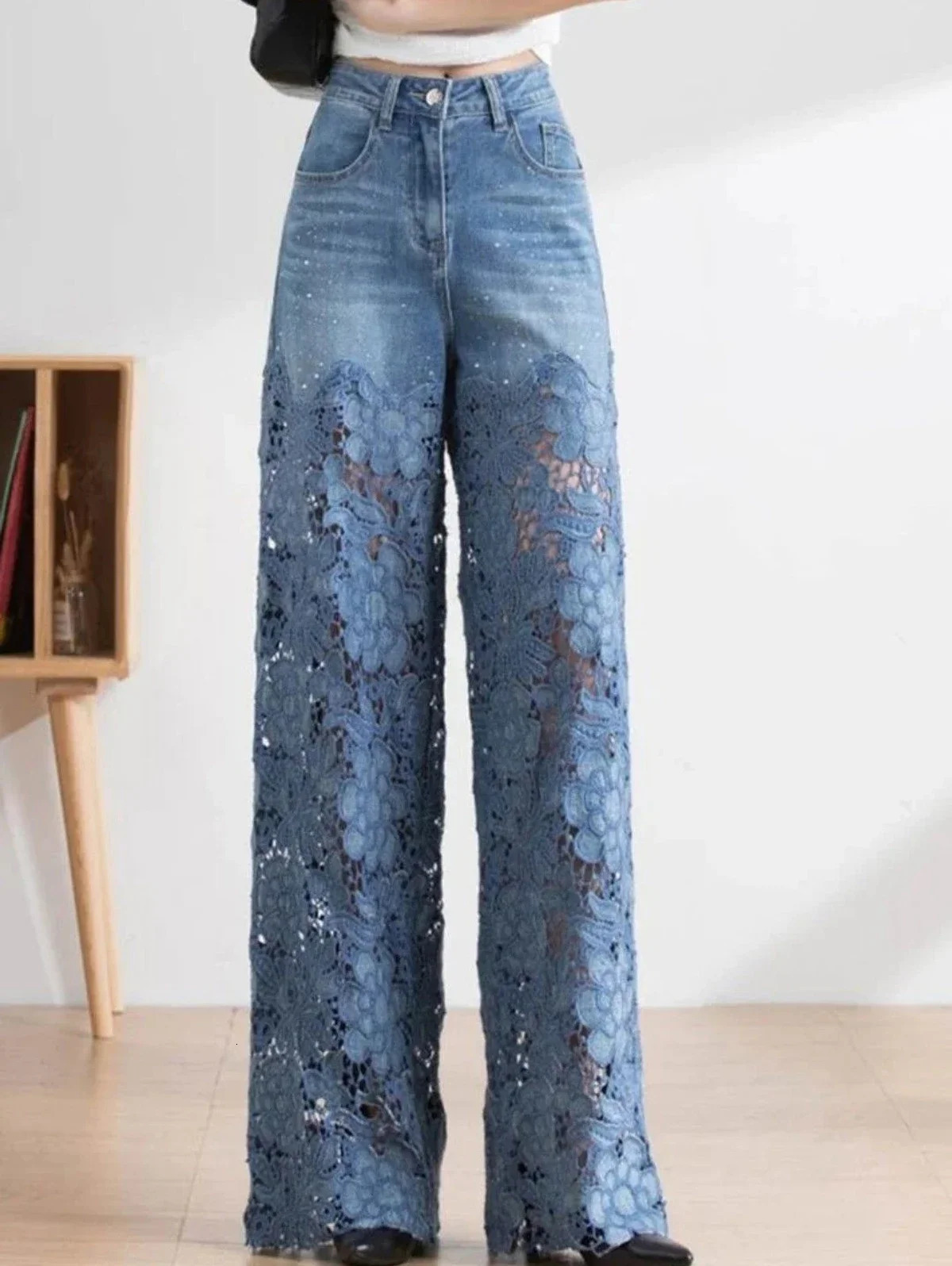 2025 Summer Fashionable High -Waisted WomenS Jeans Lace Rhinestone Patchwork Sexy Hollow Ladies Casual Loose Straight Jeans 250212