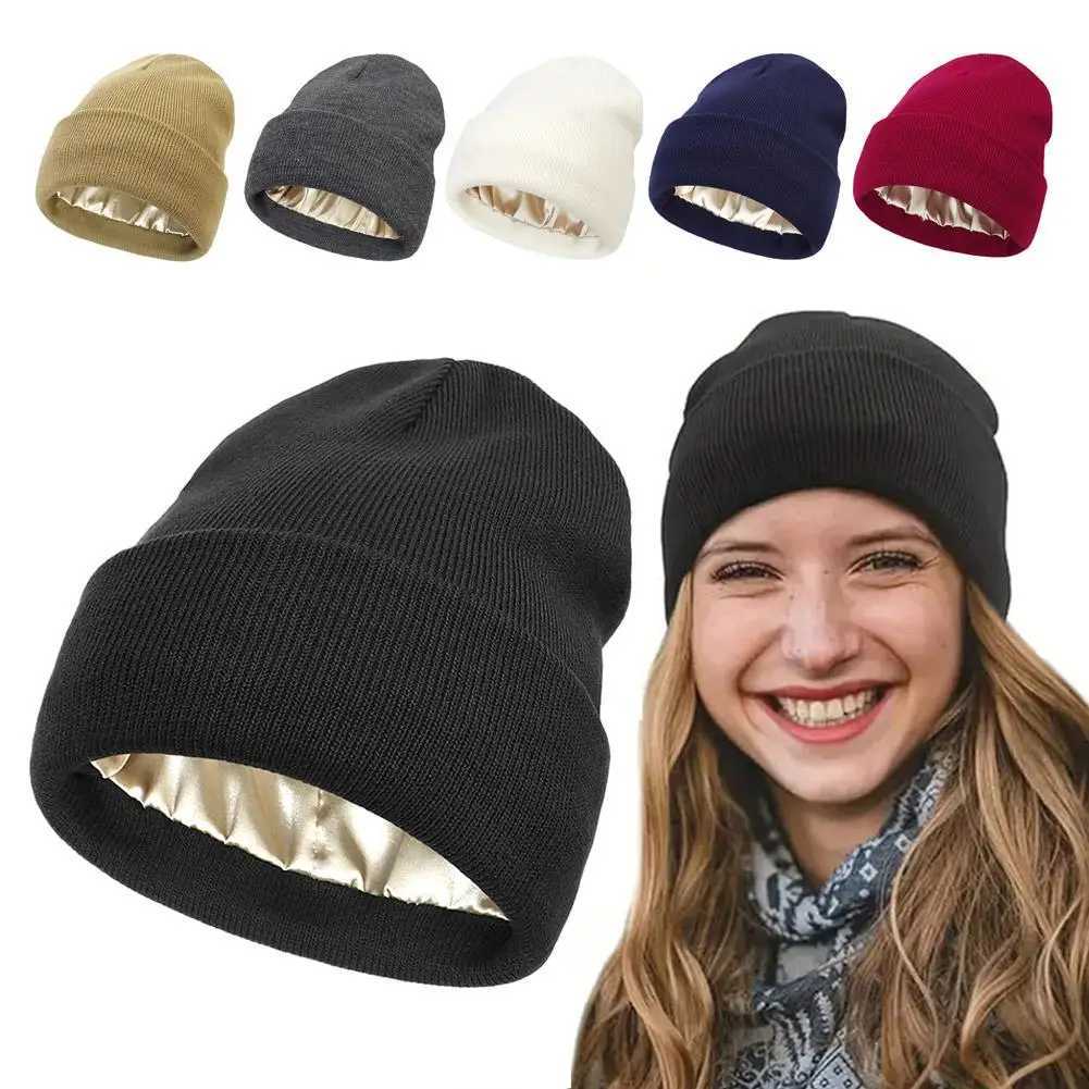 Cashmere Knitted Beanie Hat Winter Silk Satin Li Solid High Men Chunky Hats Warm Quality Beanie Cap Unisex Men Soft Th I7X2 X250212