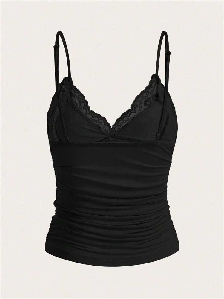 Sexy Contrast Lace Bow Front Crop Cami Top Women 2024 Summer Grunge Punk Y2K Clothes Ruched Skinny Backless Tee ShirtXJ250212