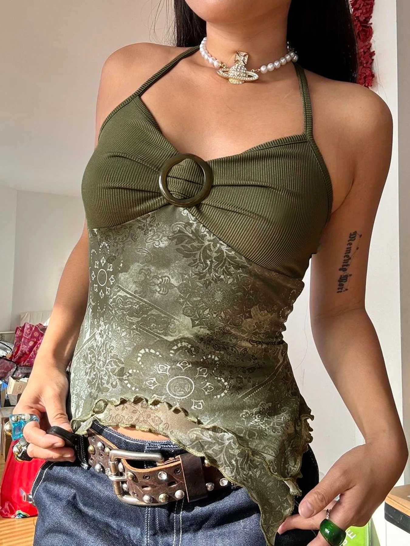 Sweetown Retro Forest Green Vintage Print Boho Y2K Camisole Backless Halter Tie Asymmetrical Tops Women Summer Vacation ClothingXJ250212