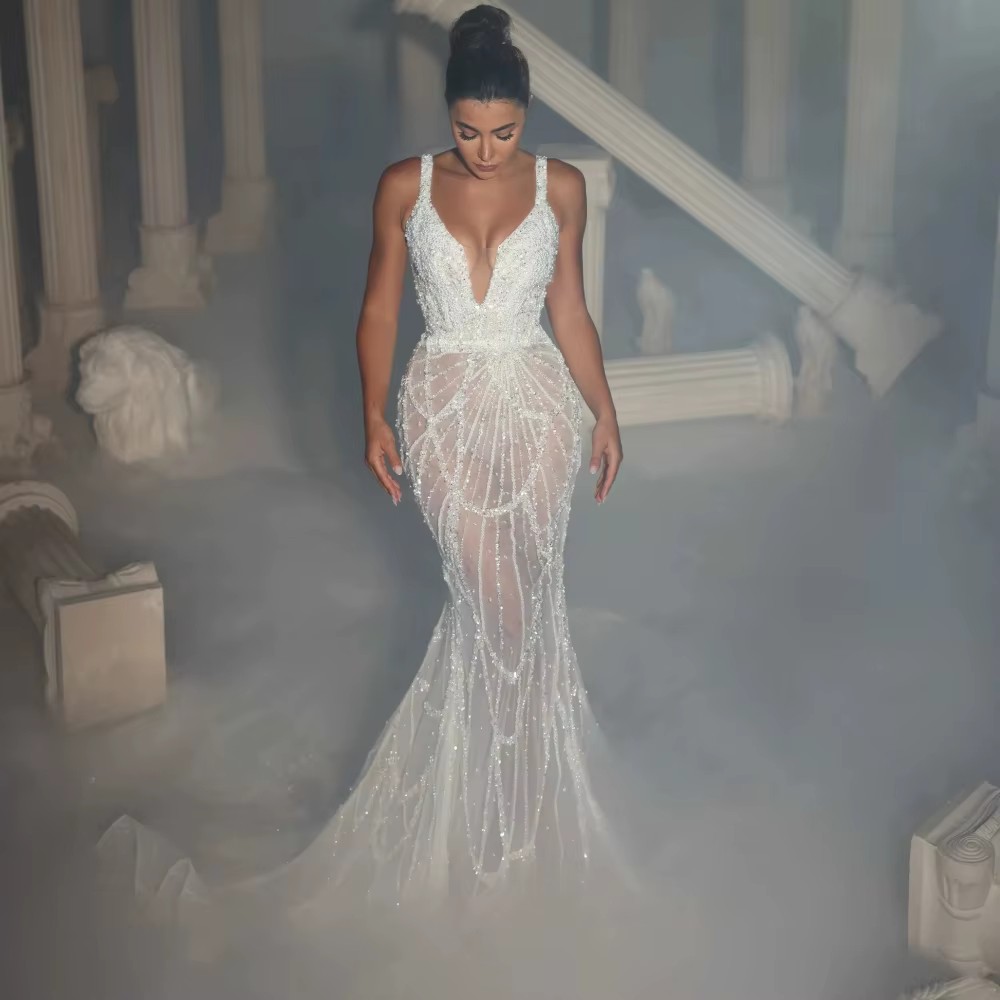 Sexy Mermaid Wedding Dress V Neck Sleeveless Bridal Gowns Sequins Backless See Through Detachable Train Dresses Custom Made vestidos de novia