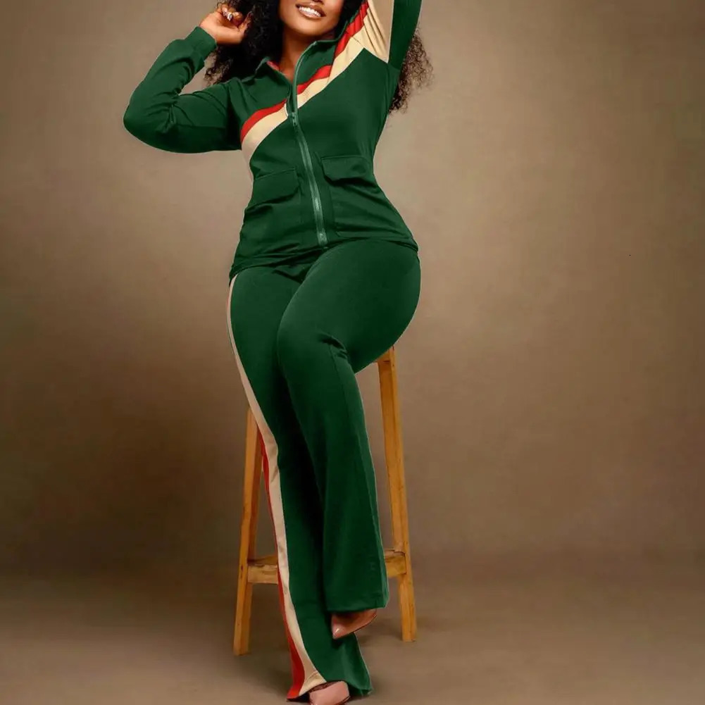 Casual Twopiece Set Women Sports Suit Stylish Womens Striped Coat Pants Lapel Jacket Elastic Waist Soft Warm Fall 250211Z